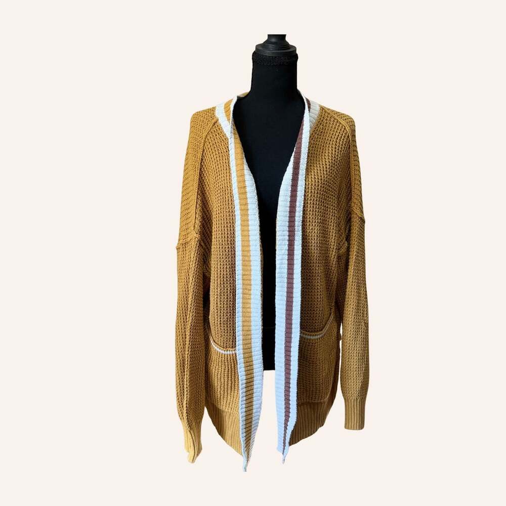 mustard open front cardigan striped trim cozycore large